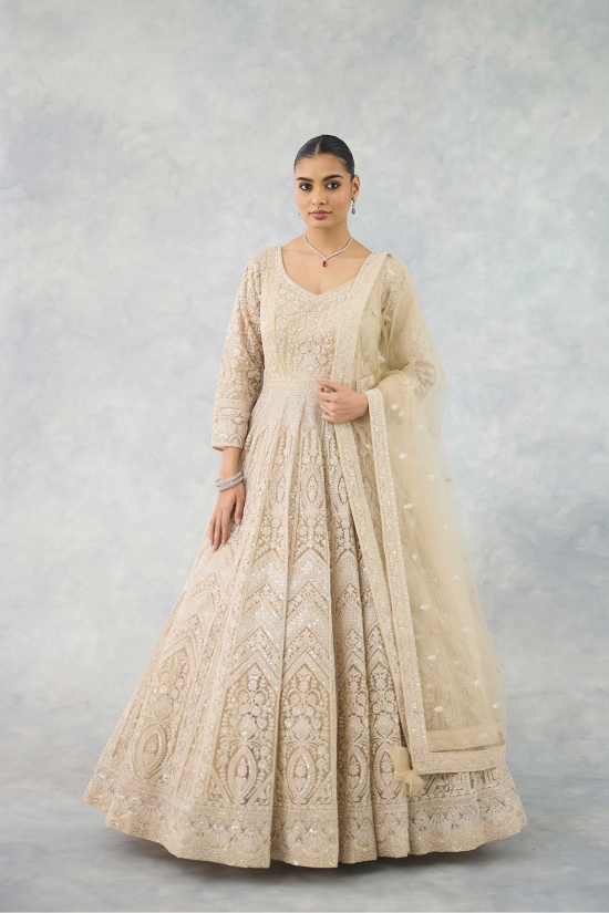 White Beige Anarkali Set