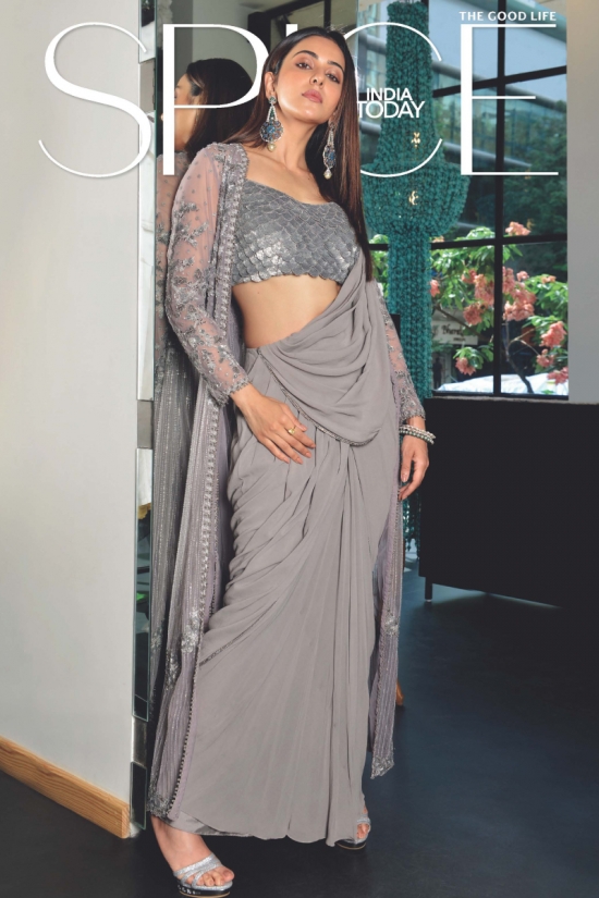 Grey Embroidered Drape Saree With Long Jacket