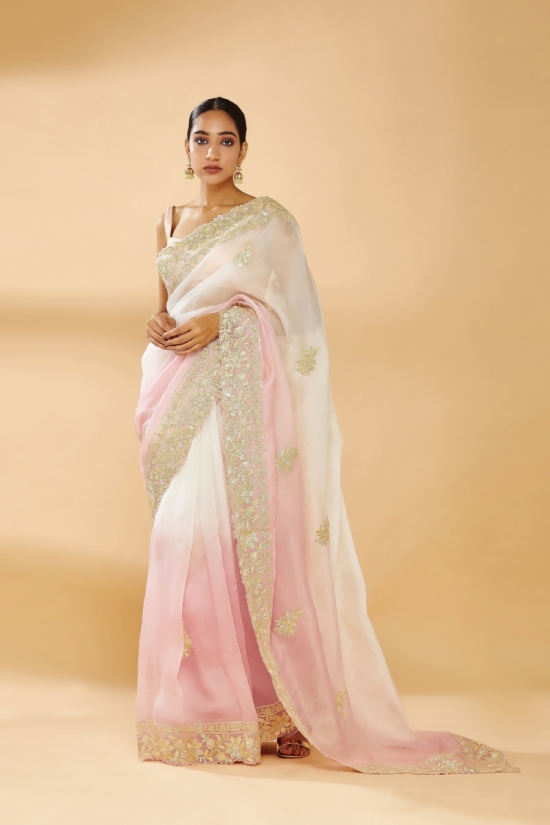 Pearl White with Pink Ombre Embroidered Saree