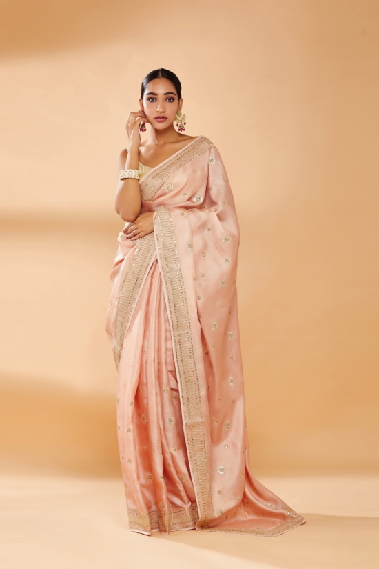 Melon Peach Embroidered Saree