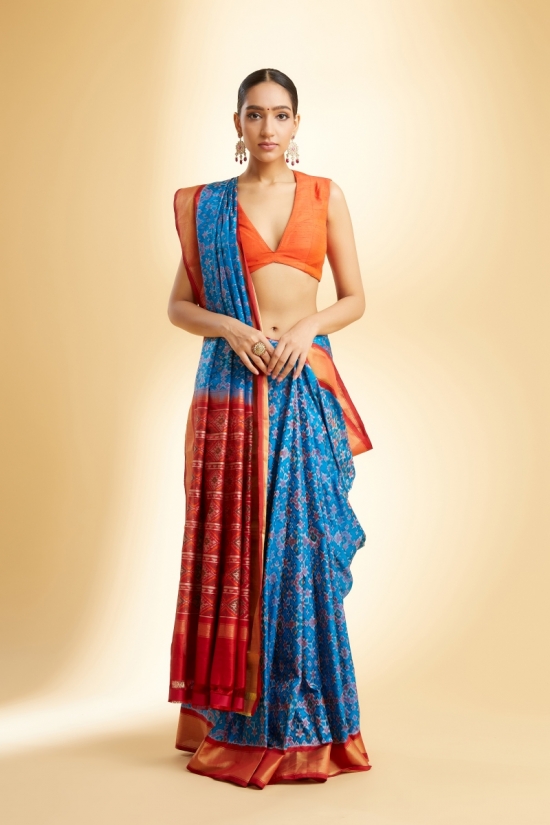 Firozi Blue and Rust Red Patola Silk Saree