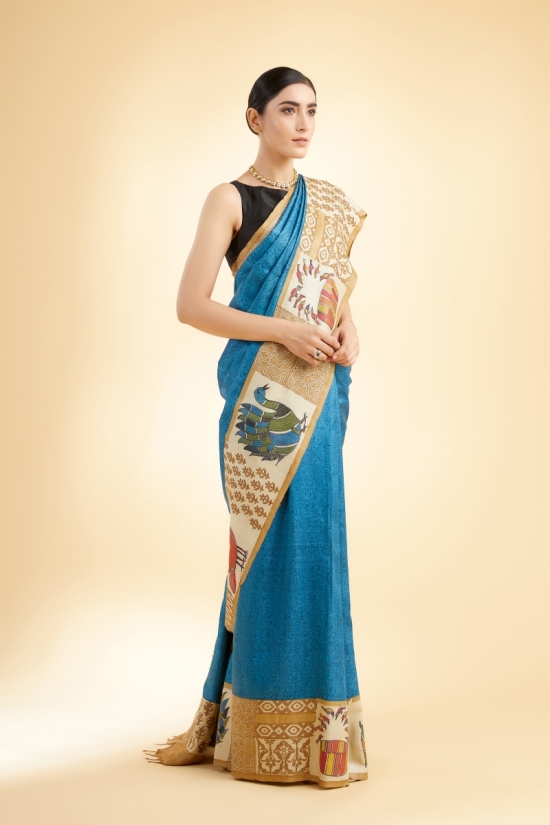 Peacock Blue and Beige Tussar Saree