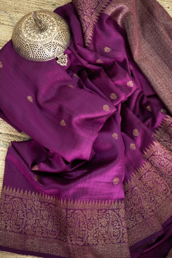 Purple Wine Banarasi Tussar Silk Saree