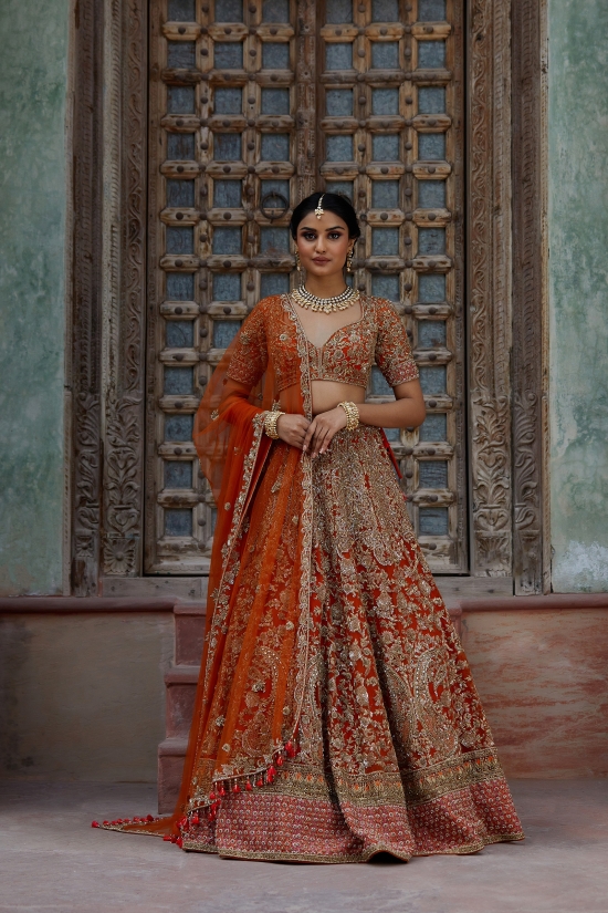 BridalTrunk - Online Indian Multi Designer Fashion Shopping BURNT ORANGE  SILK LEHENGA