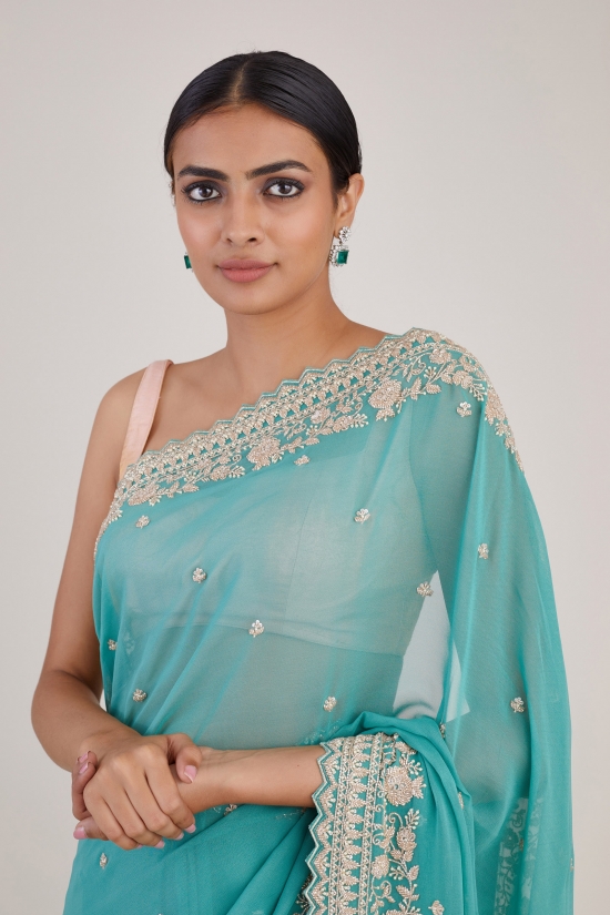 Turquoise Sequin Embellished Saree
