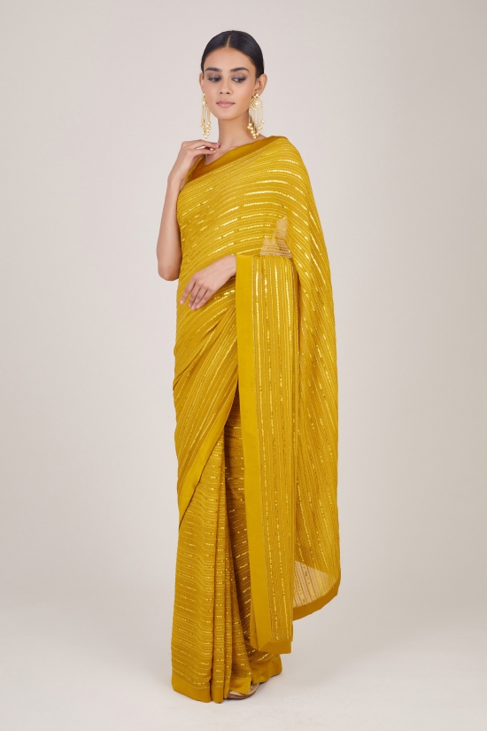 Corn Yellow Sequin Embroidered Saree