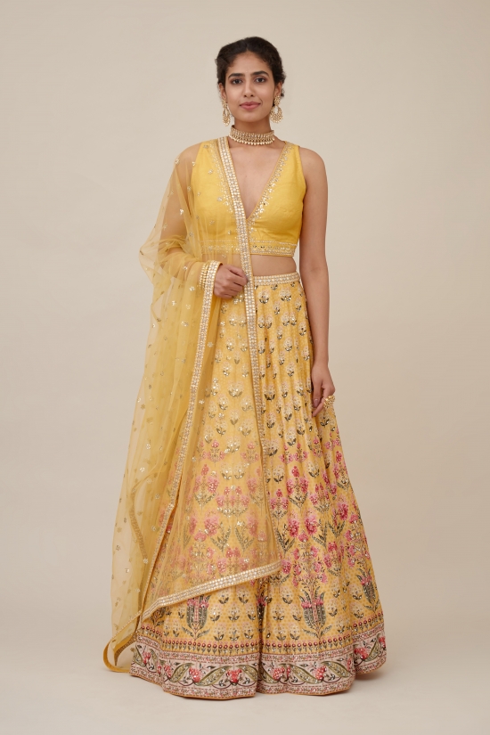 Yellow Daisy Raw Silk Lehenga