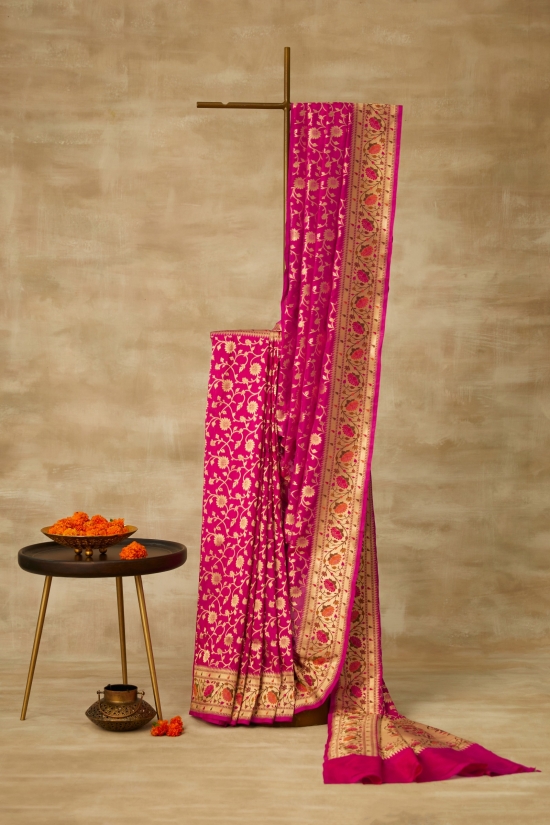 Fuchsia Pink Floral Zari Banarasi Silk Saree