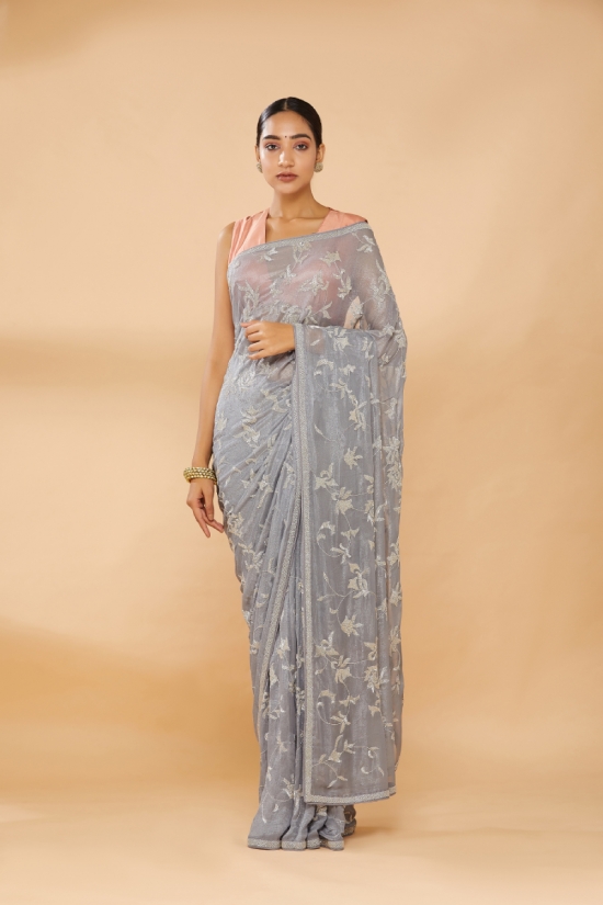 Silver Grey Embroidered Saree