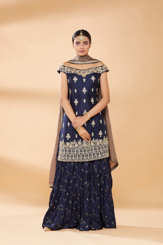 Royal Blue Embroidered Sharara Suit