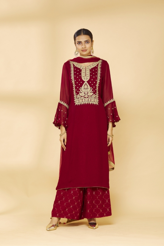 Garnet Red Embroidered Plazzo Suit