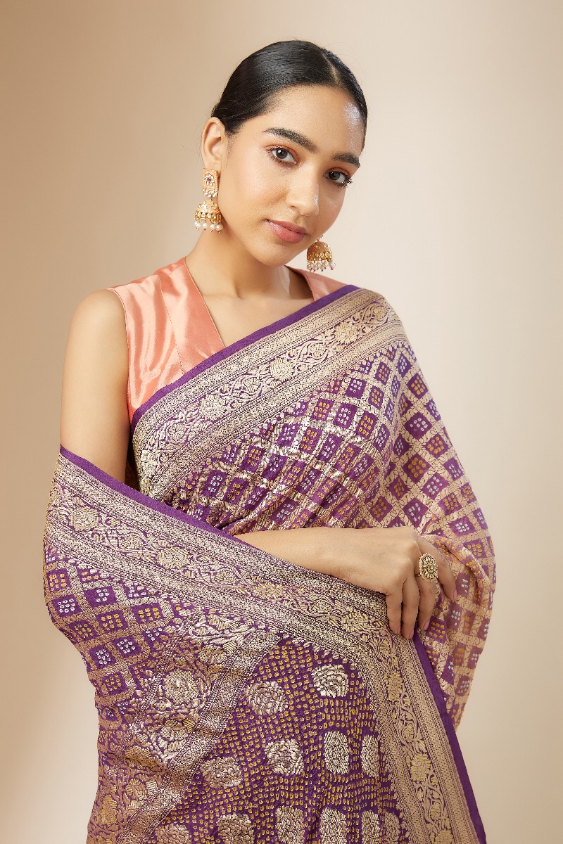 Chiffon Bandhani Pink And Purple Saree