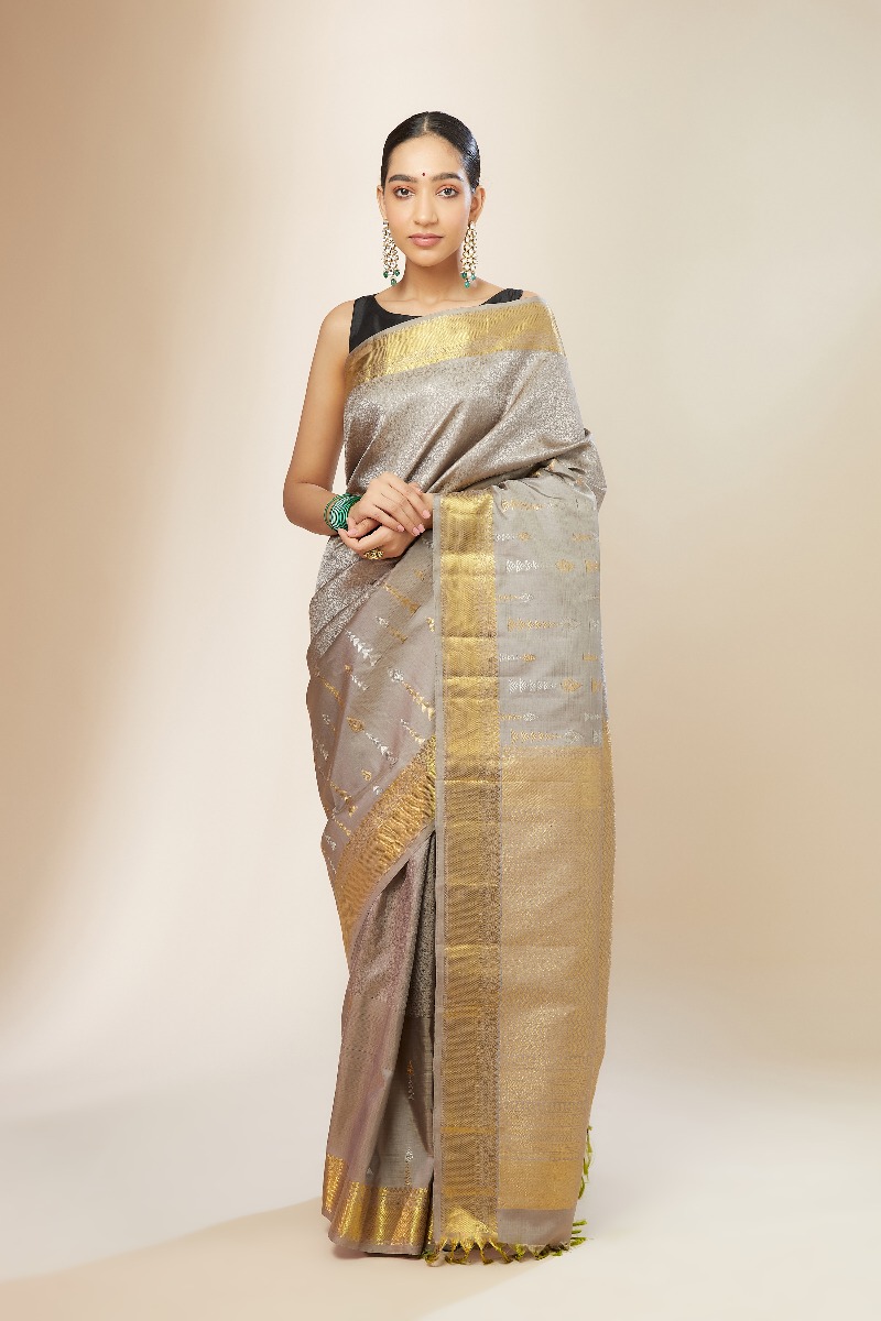 Cement Grey & Pink Kanjivaram Silk Borderless Saree - S843 – Pashudh Sarees