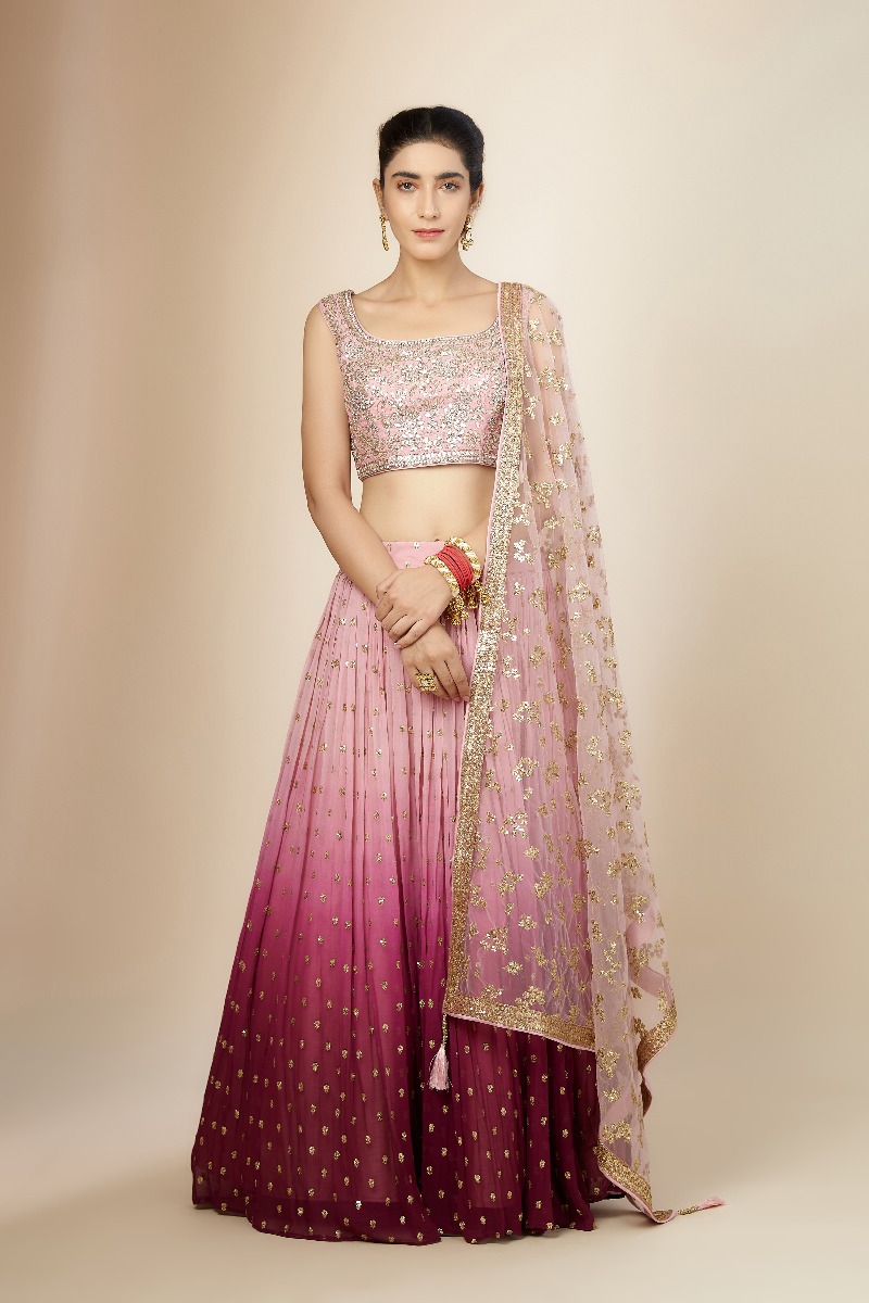 Wine Lehenga with Pink Dupatta and Golden Work – TheStylease.com