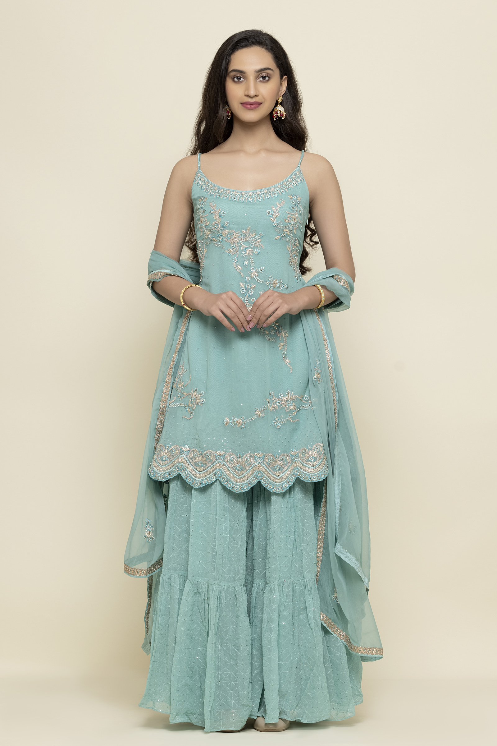 Light Blue Ethnic Georgette Sharara Suit, A-Line at best price in Ahmedabad
