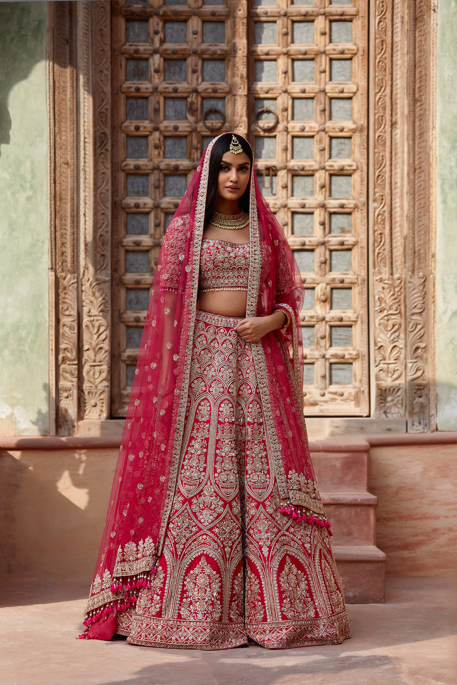 Red and Pink Bridal Lehenga Set - Priti Sahni