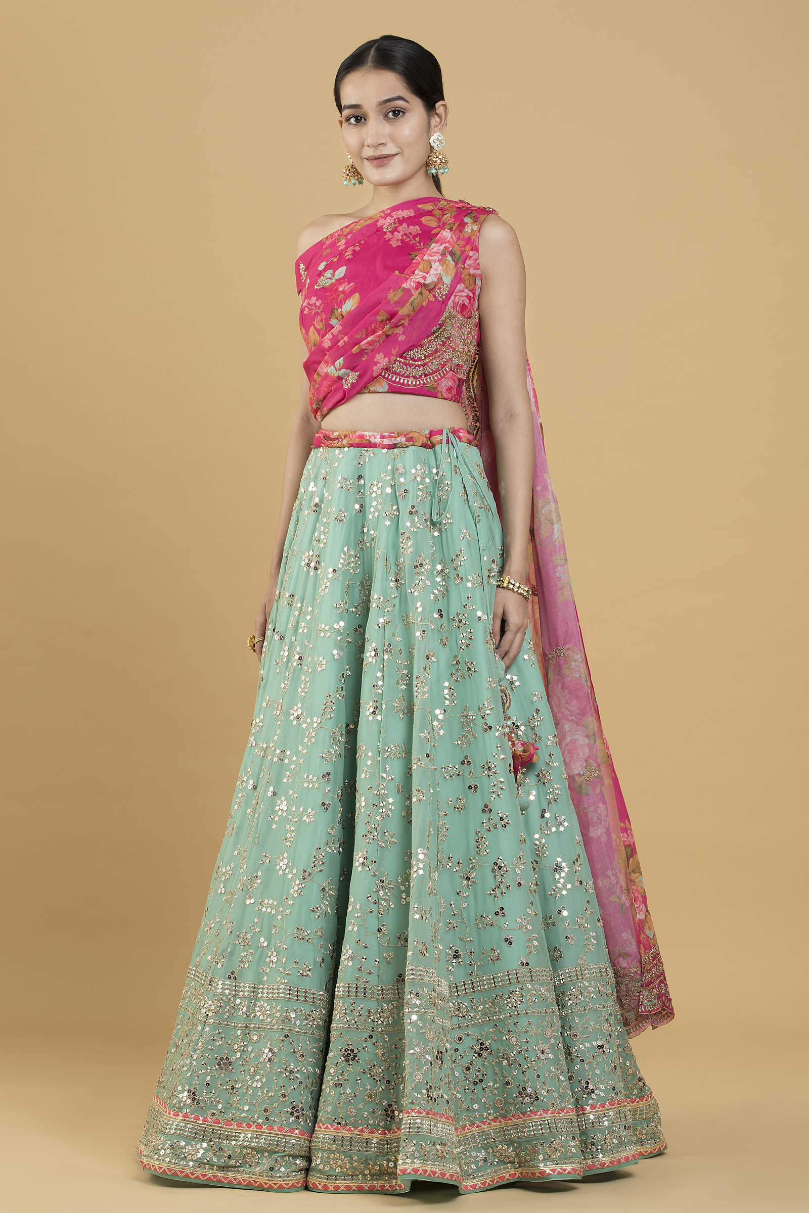 Green brocade lehenga with a pink blouse and purple dupatta. | Indian  bridal outfits, Indian dresses, Women's fashion dresses