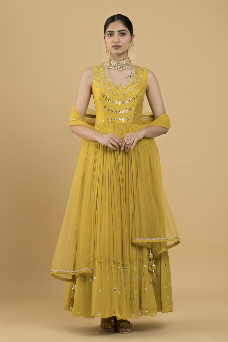 Buy Mustard Georgette Anarkali For Women Online - Frontierraas