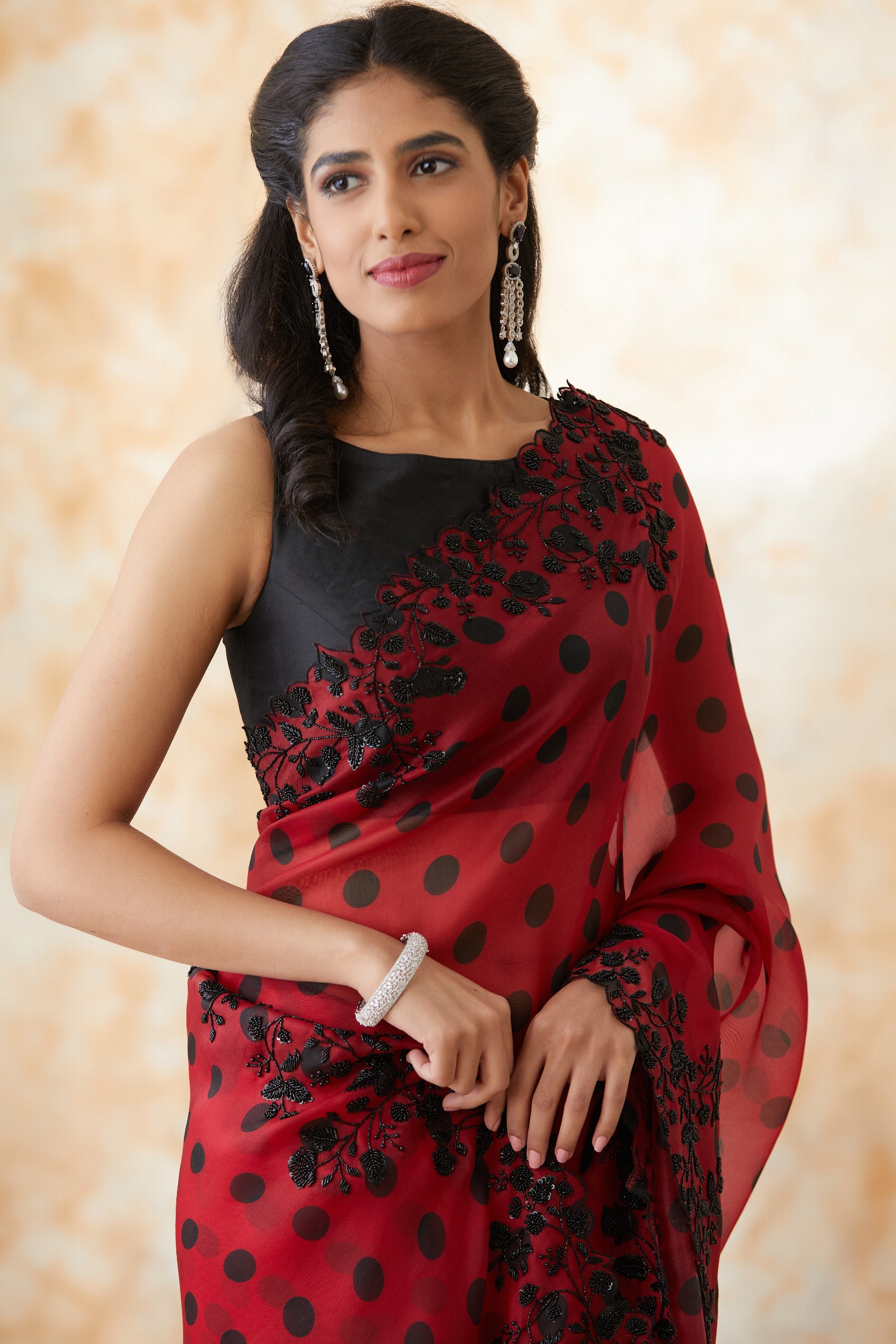 Indian Chiffon Red and Black Saree Master Copy - Master Replica Pakistan