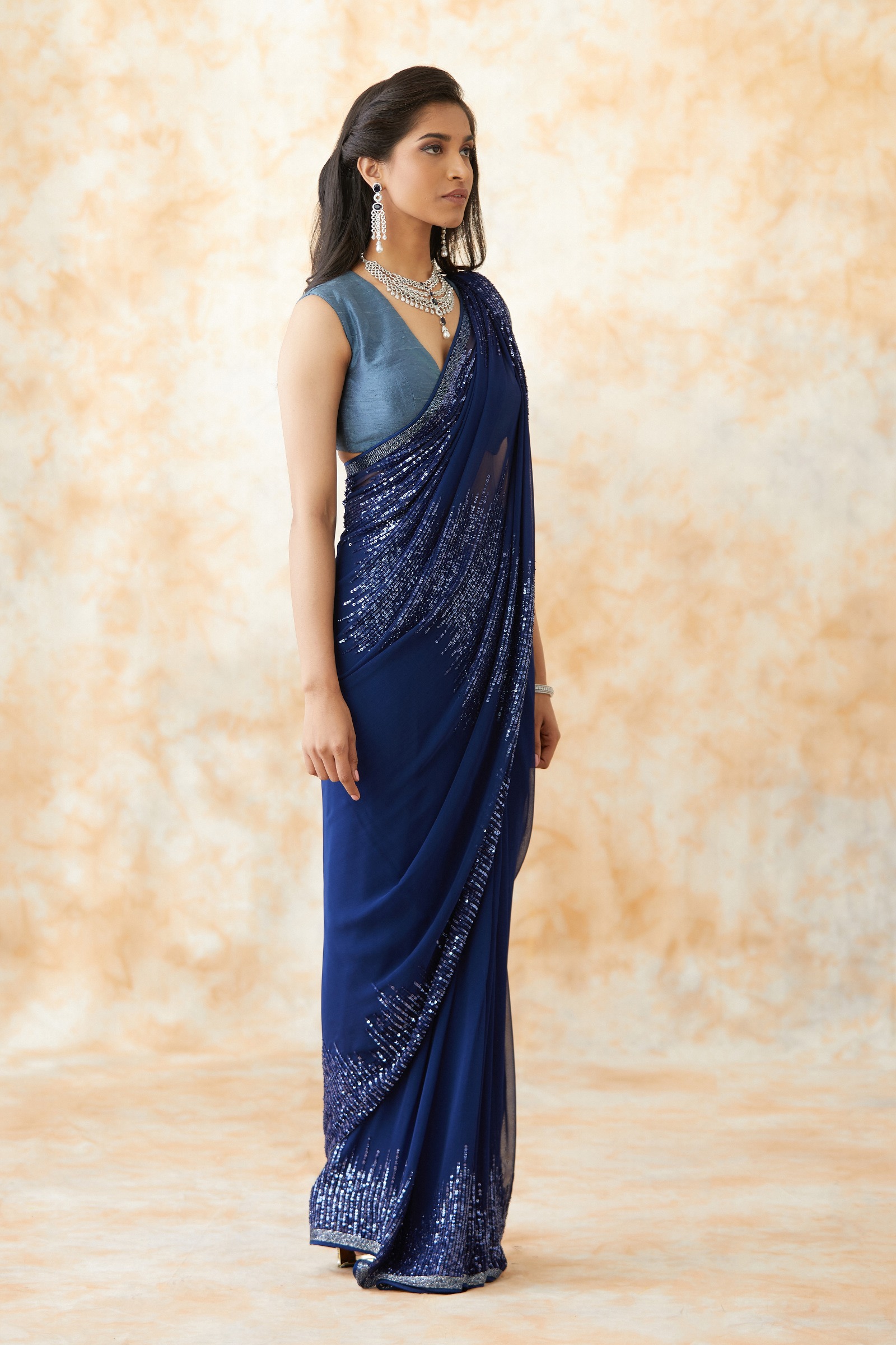 Elegant Ombre Cyan & Royal Blue Georgette Designer Saree | 6.3m Length