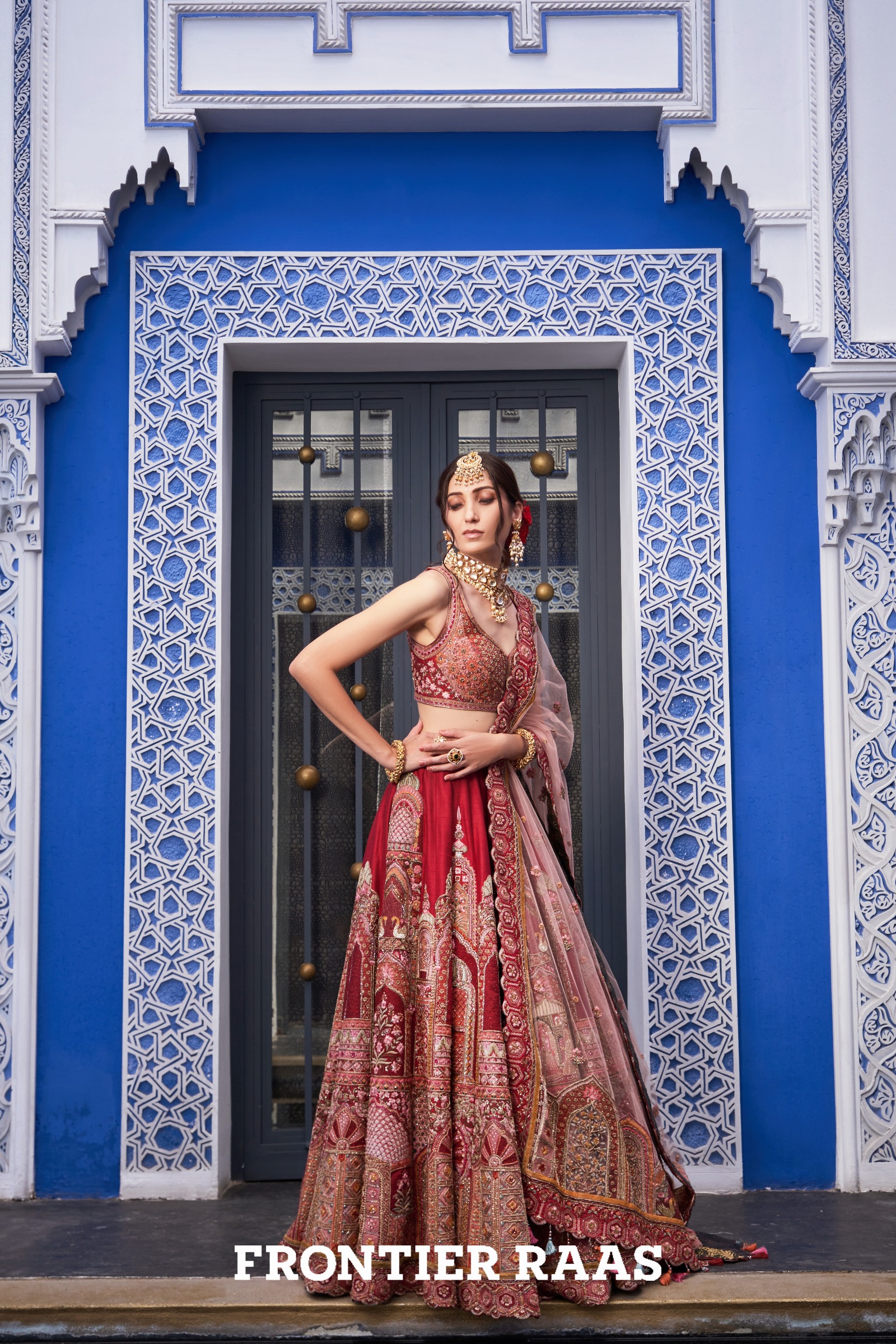 Crimson Red silk Lehenga Frontier Raas