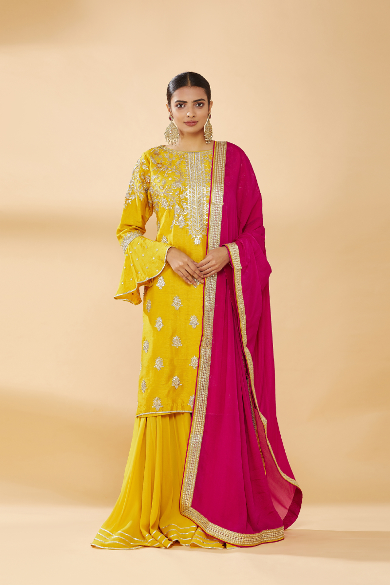 Buy Mustard Embroidered Silk Blend Straight Sharara Suit Set With Dupatta  Online at Rs.3119