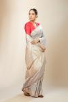 Grey and Peach Banarasi Tanchoi Silk Saree