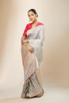 Grey and Peach Banarasi Tanchoi Silk Saree