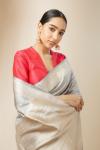 Grey and Peach Banarasi Tanchoi Silk Saree