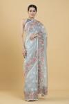 Rose and Paisley Motif Blue Organza Chikankari Saree