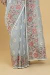 Rose and Paisley Motif Blue Organza Chikankari Saree