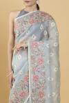 Rose and Paisley Motif Blue Organza Chikankari Saree