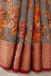 Ash Blue Floral Printed Banarasi Tussar Silk Saree