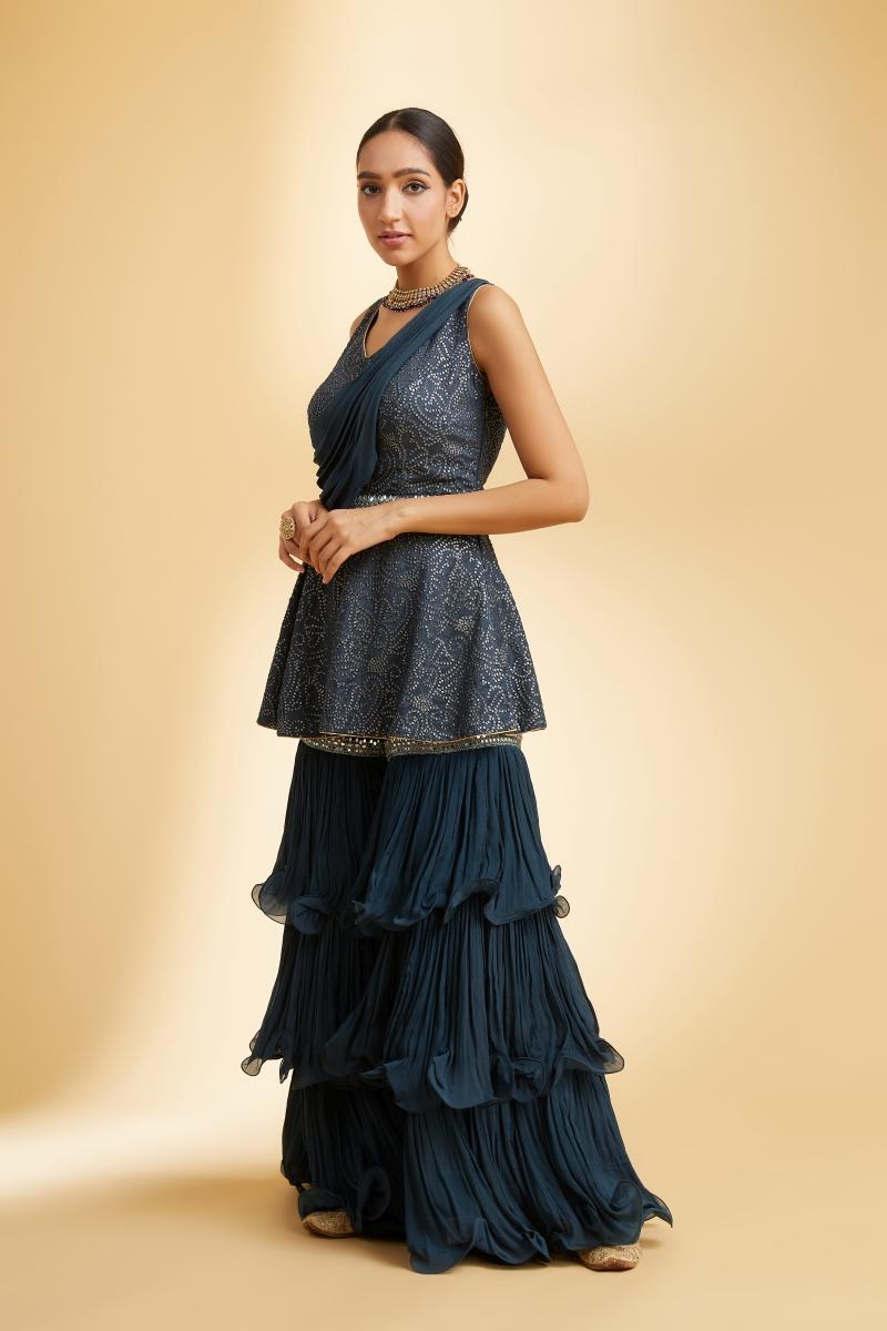 Midnight Blue Chinon Chiffon Gharara Set - Frontier Raas 