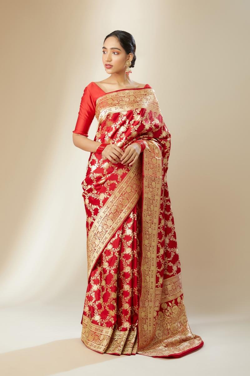 Buy Red Banarasi Satin Silk Saree For Women Online