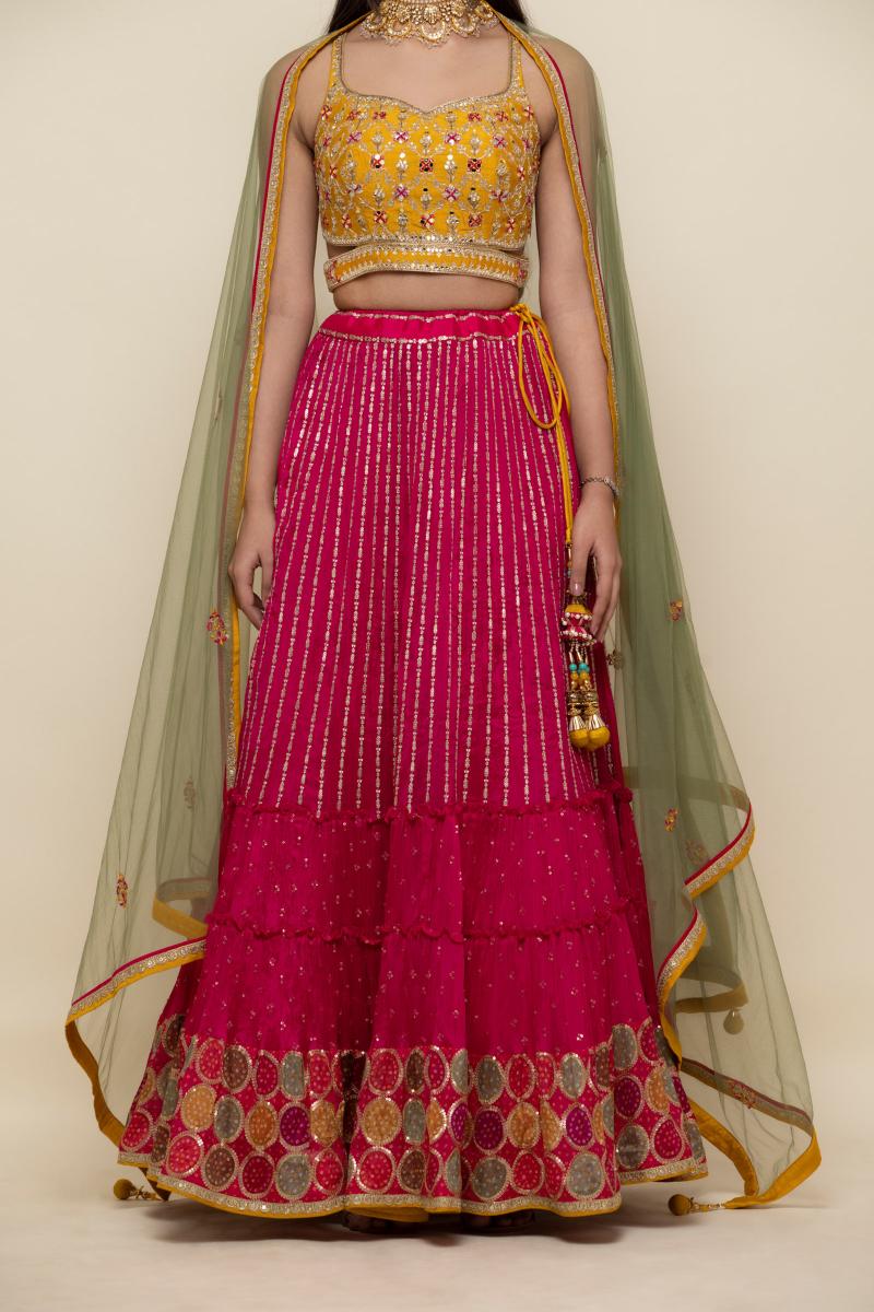 Magenta and Yellow Chiffon Lehenga- Frontier Raas