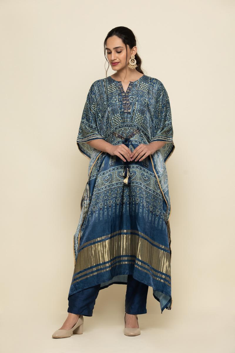 Cobalt Blue Ajrakh Kaftan- frontier Raas