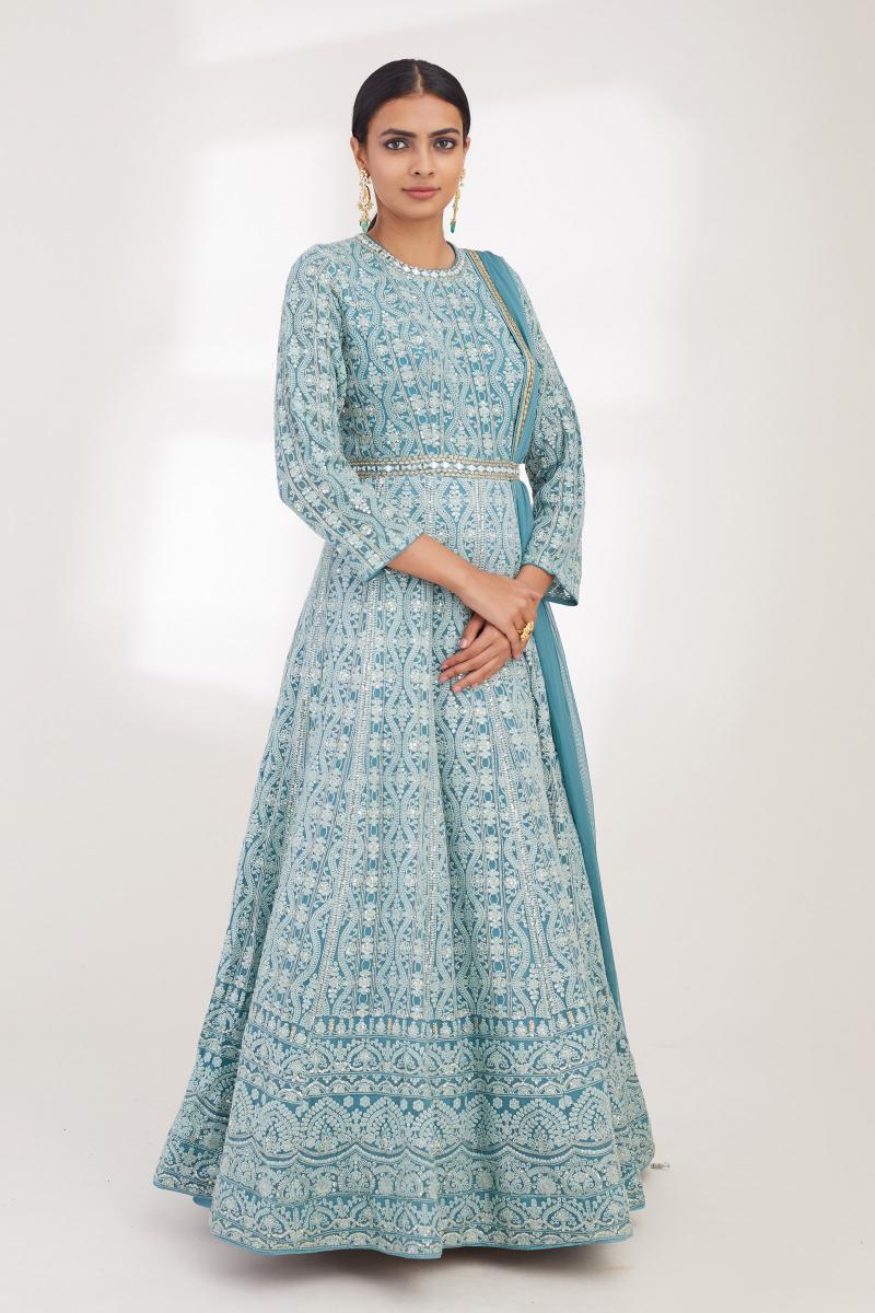 Buy Powder Blue Anarkali and Belted Dupatta Set For Women Online