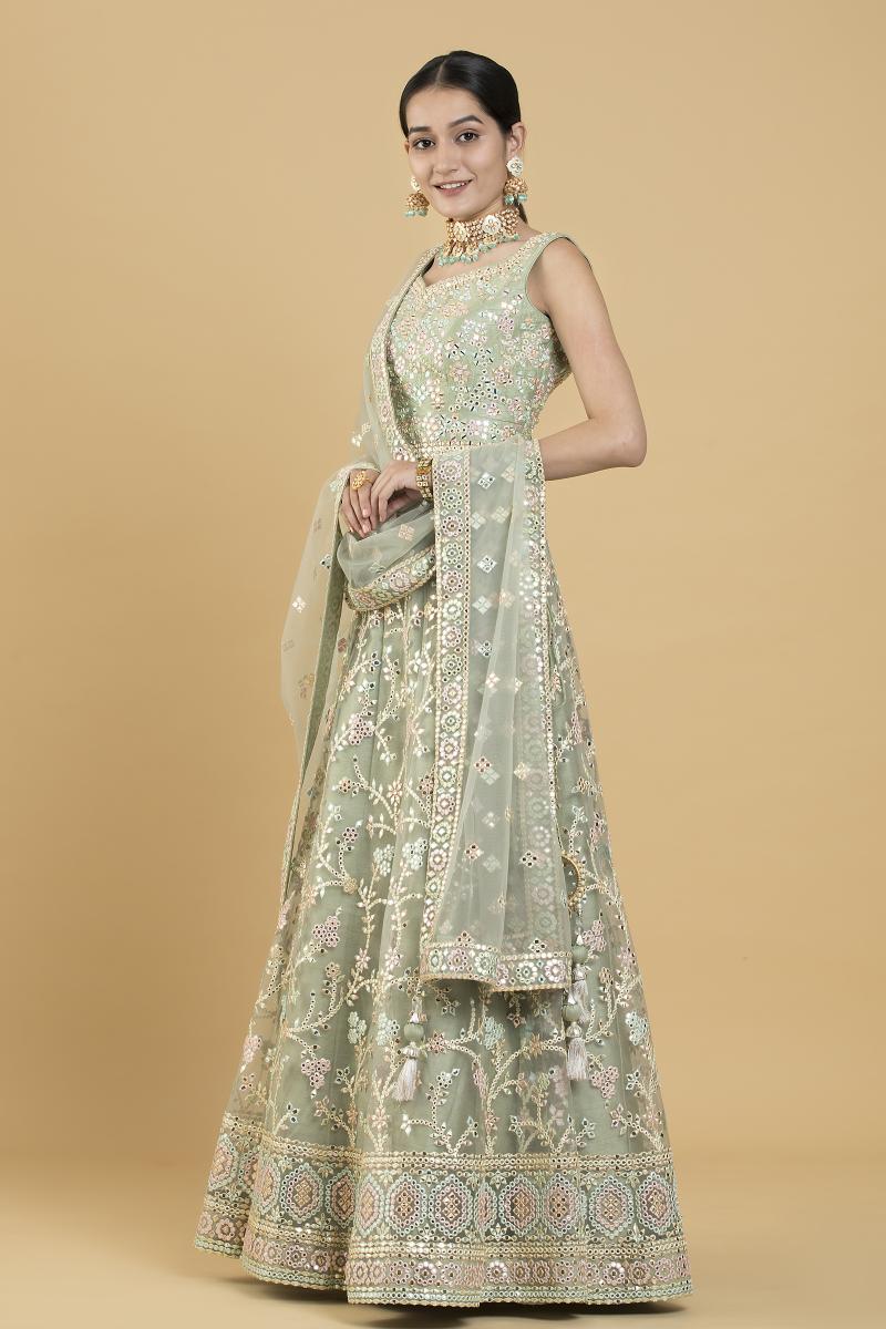 Buy Mint Green Embroidered Raw Silk Lehenga For Women Online - Frontierraas