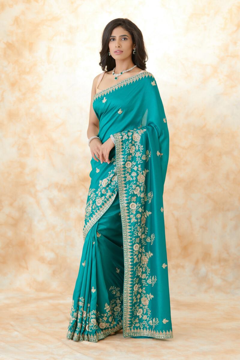 Buy Pine Green Embroidered Silk Saree For Women Online - Frontierraas