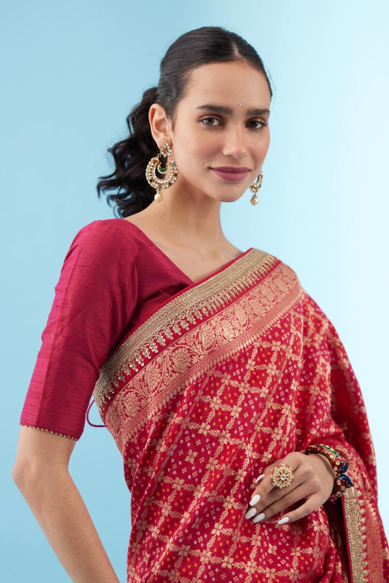 Hot Pink Bandhani Banarasi Saree- Frontier Raas