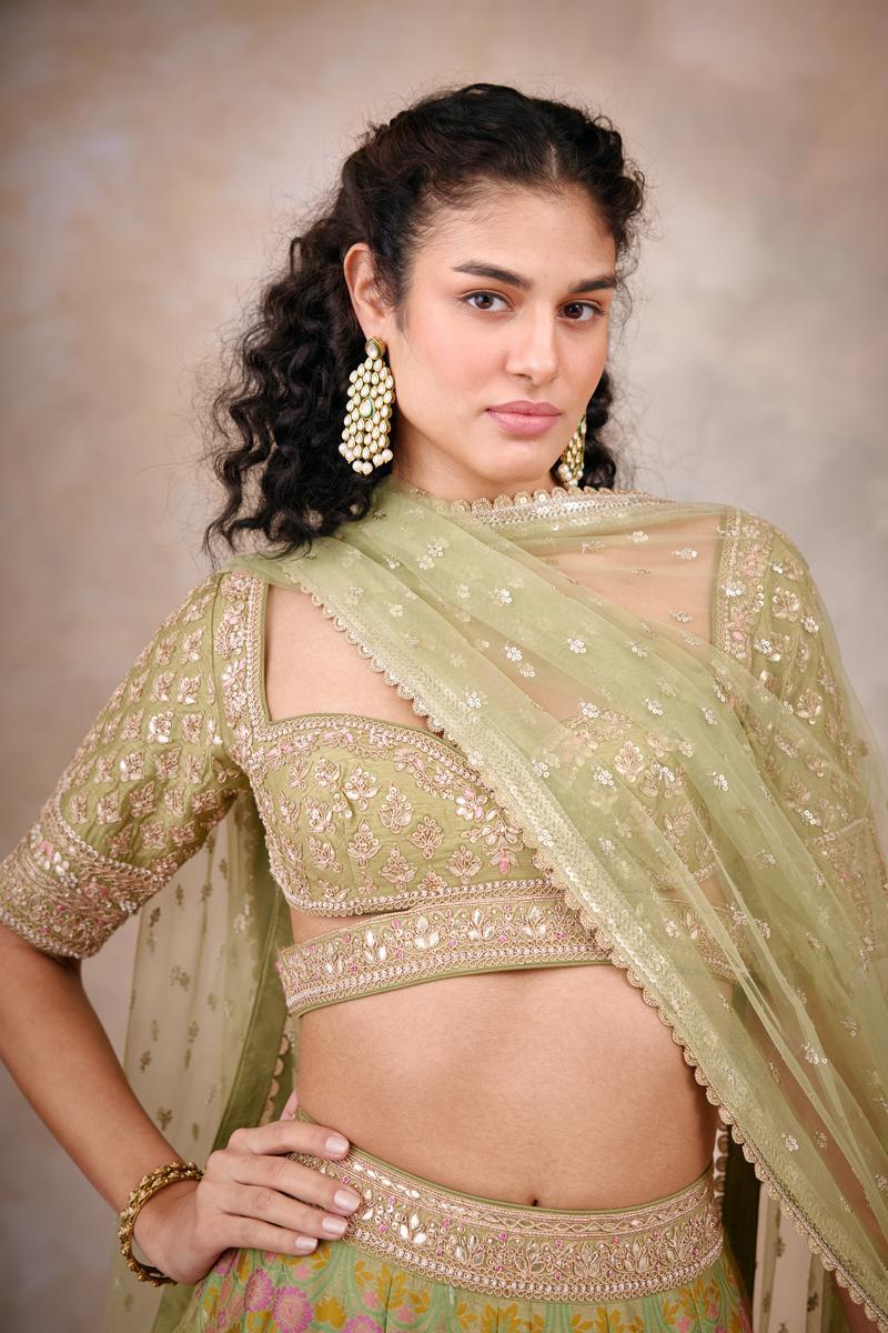 Chartreuse Green Banarasi Silk Lehenga Frontier Raas