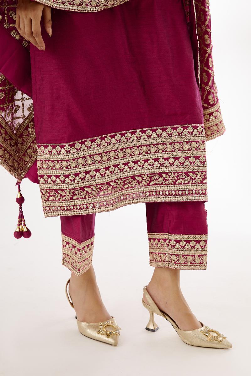 Crimson,Red,Silk,Kurta,Suit-,Frontier,Raas