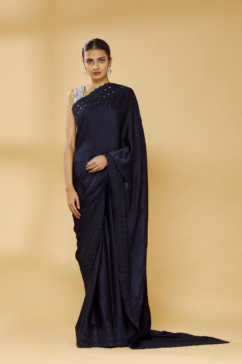 Buy Dark Blue Embroidered Saree For Women Online