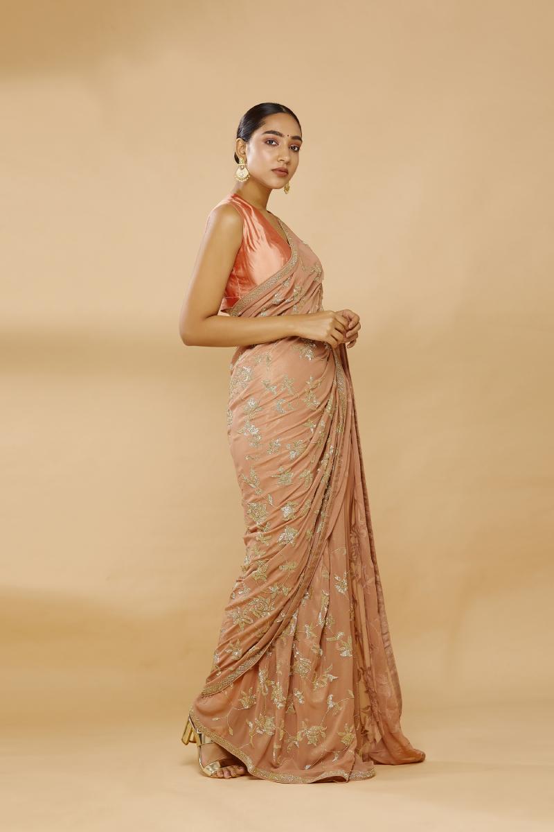 Buy Dusty Peach Embroidered Saree For Women Online