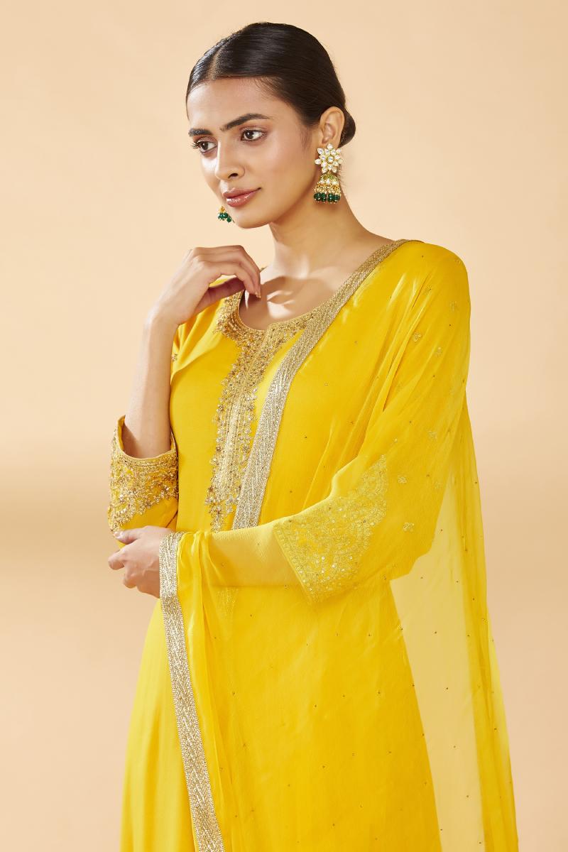 Buy Bright Yellow Embroidered Plazzo Suit For Women Online