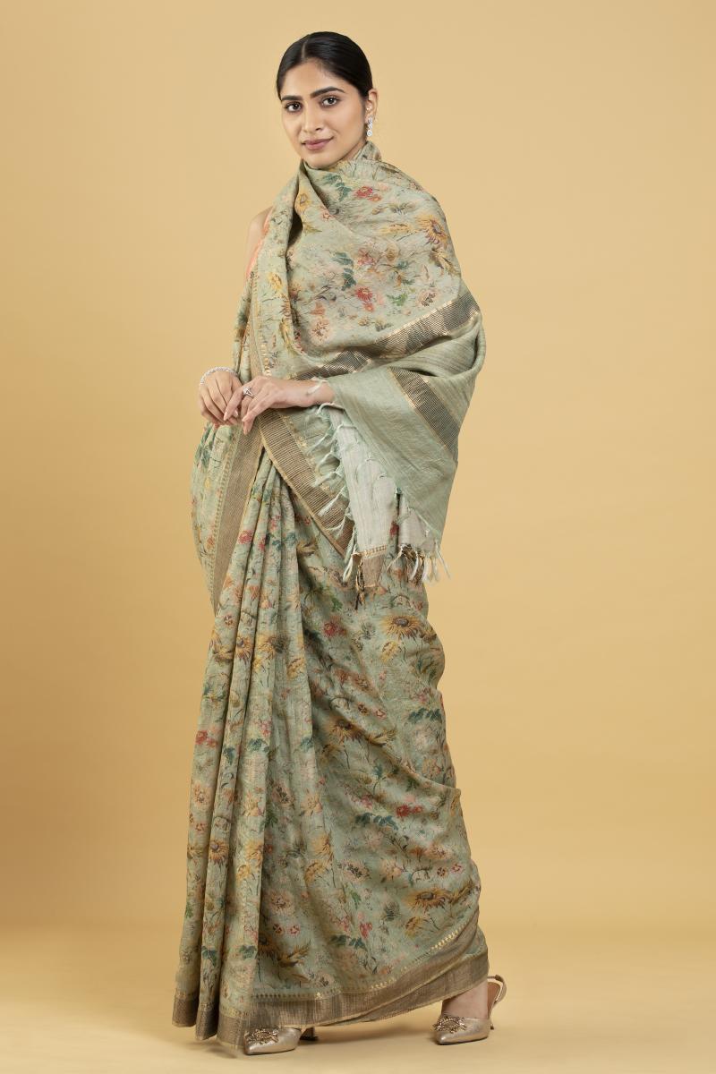 Light Olive Floral Print Tussar Saree