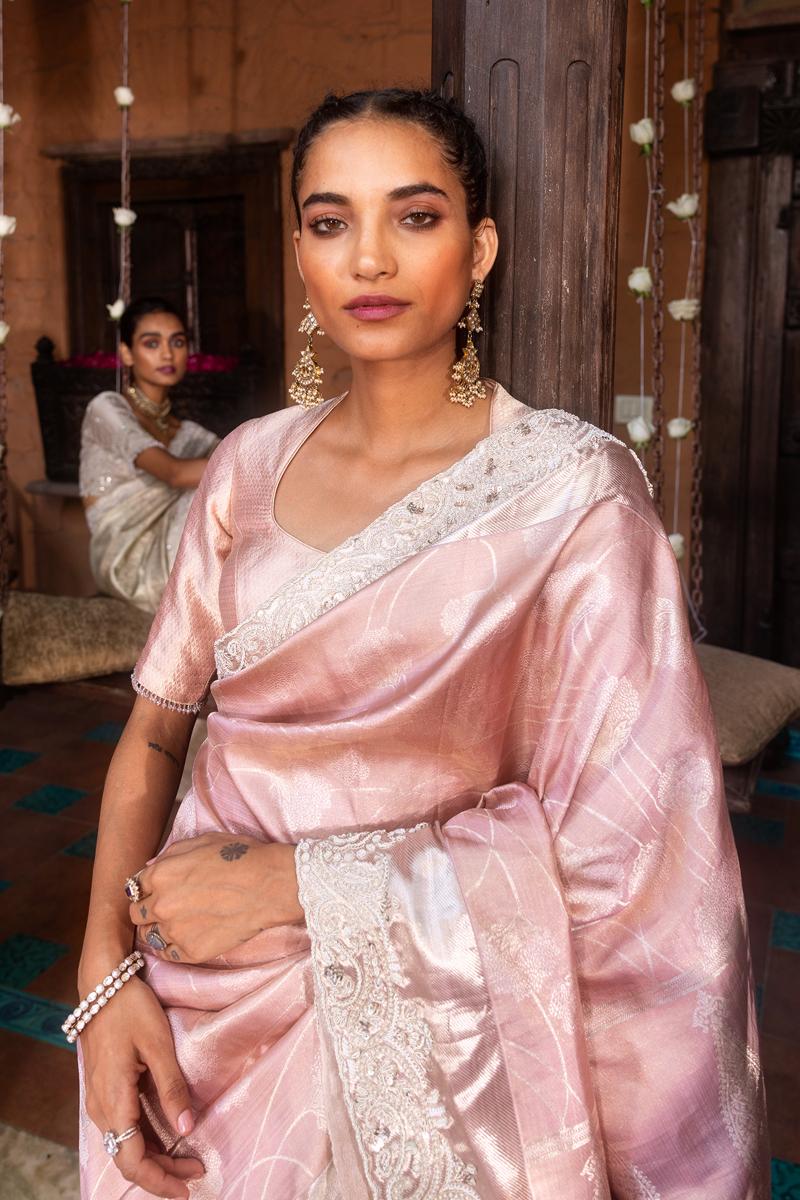 Salmon Pink Kanjivaram Silk Tissue Saree